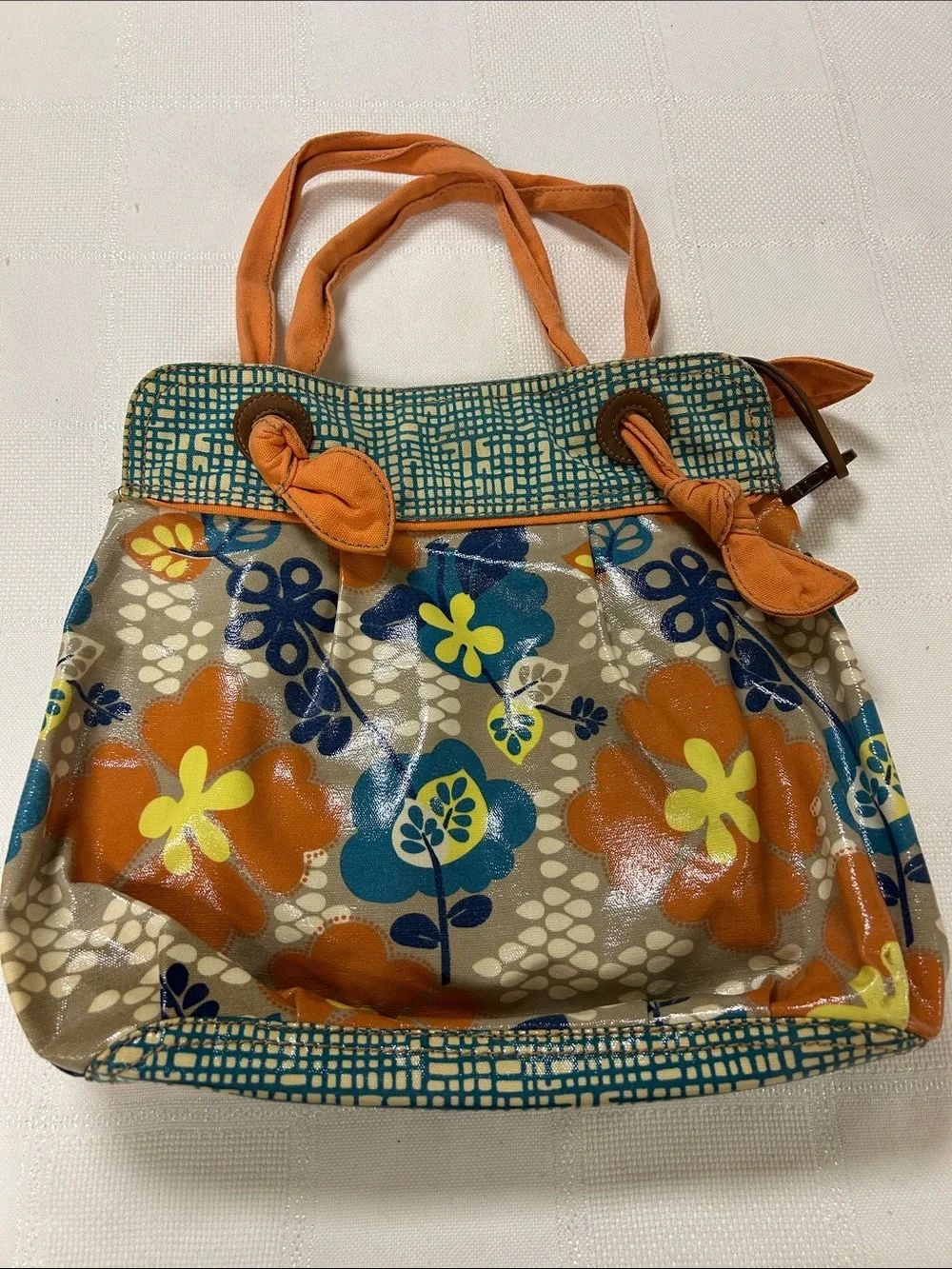 Fossil Orange Floral Canvas Tote with Blue and Yellow Accents